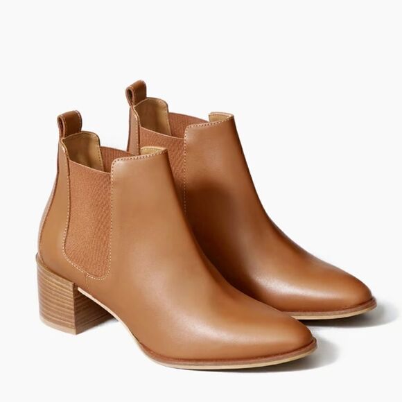 New! Everlane The Heel Boot Italian Leather Cognac Block Heeled Chelsea Boots - Picture 1 of 15